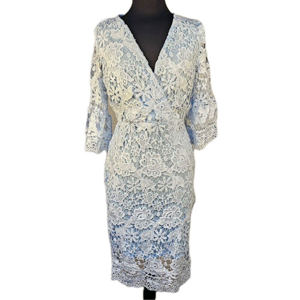 Eilly Bazar Powder Blue White Crochet  Lace Dress Faux Wrap Bell Sleeve L Midi
